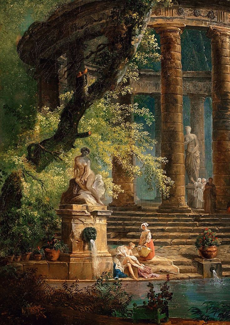 a painting of people sitting on steps next to a body of water with statues in the background