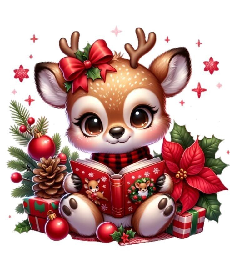 a cute little deer reading a book surrounded by christmas decorations and bows on its head