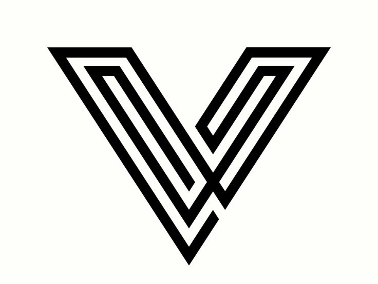 the letter v is made up of black and white lines, which are diagonally crossed