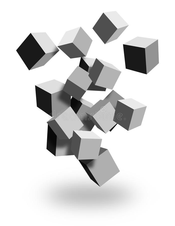 an abstract black and white background with cubes flying in the air royalty illustration stock images