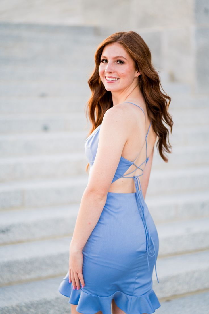 A model in a simple fitted dress features spaghetti straps and a lace-up back with ruffle hemline. 90s Fashion, Preppy Style, Simple Fitted Dress, Hoco Dress, Neutral Shoes, Hoco Dresses, Glam Fashion, Dream Dress, Fitted Dress