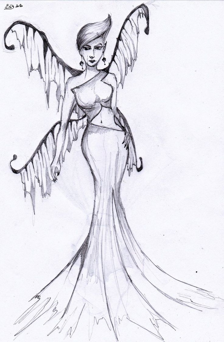 a drawing of a woman in a dress with wings