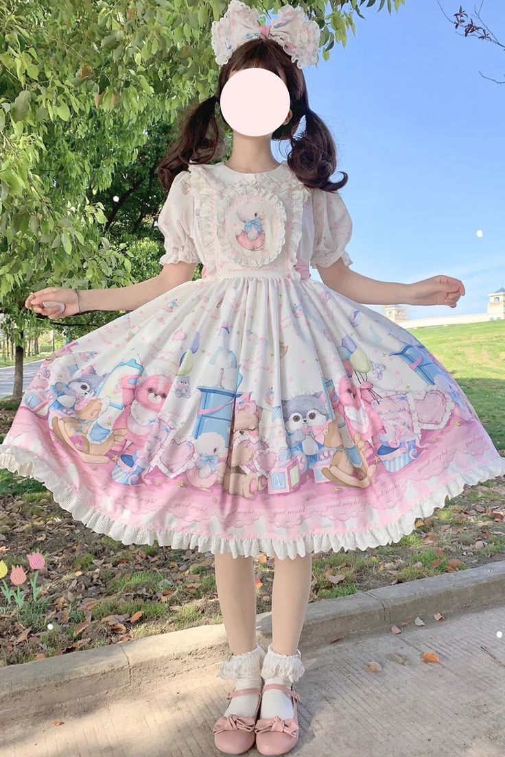 Fabric: Polyester Color: White/Pink Sleeve Length: Short Sleeves Feature: Print, Ruffle, Bowknot Style: Sweet Include: Dress*1 (Any of the accessory is not inc Dream Daughter, Decora Harajuku, Pink Duck, Outfit References, Punk Dress, Sweet Lolita, Lolita Dress, Gothic Lolita, Lolita Fashion