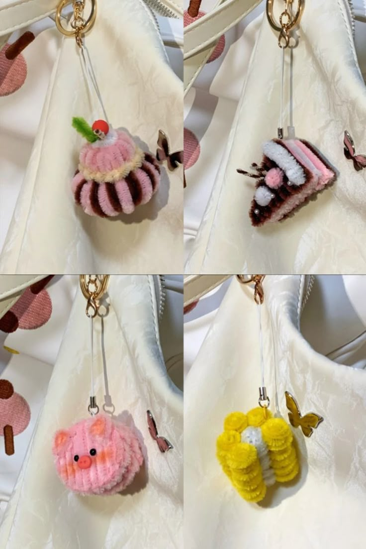 four different pictures of small stuffed animals hanging from hooks on a white cloth bag with butterflies and circles around them