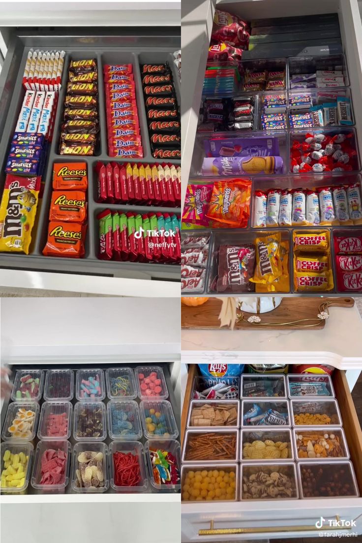 an open refrigerator filled with lots of candy and candies in it's bins