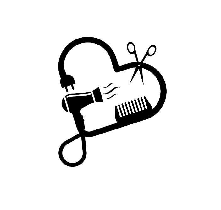 a black and white image of a heart shaped brush and comb with scissors in it