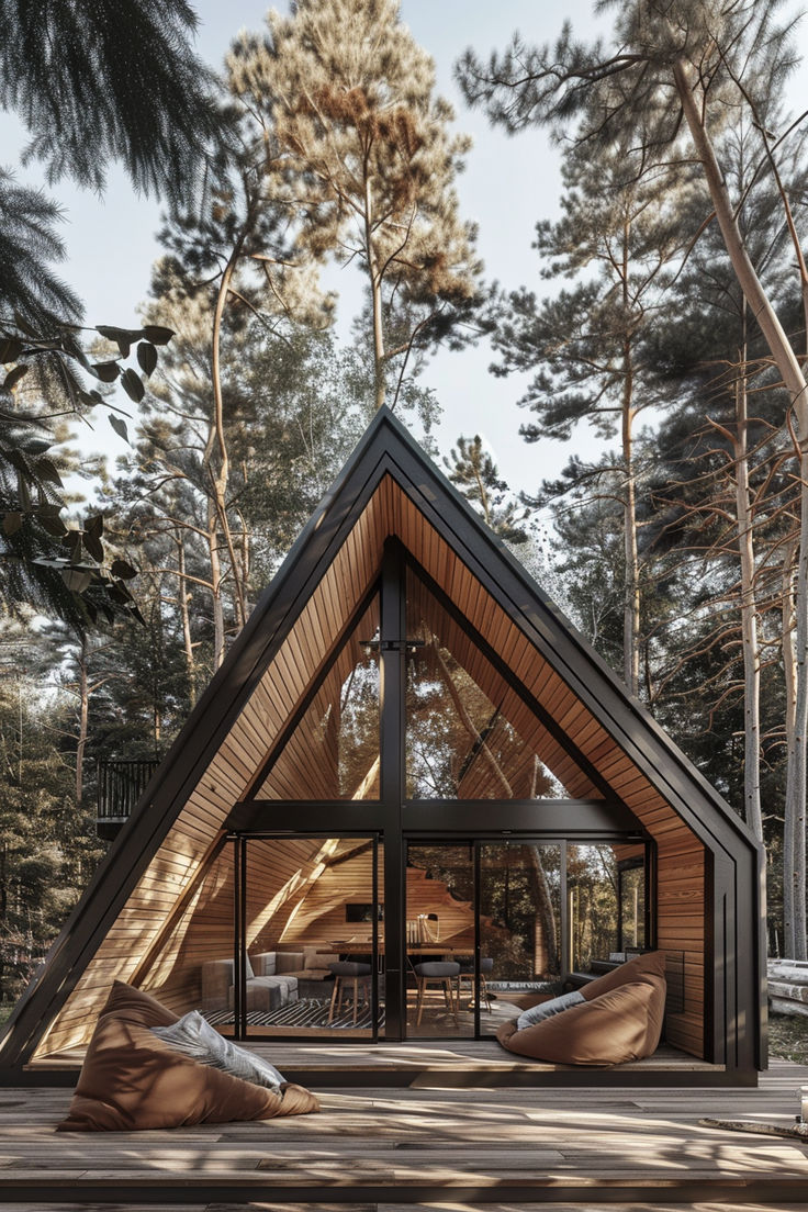 a wooden cabin in the middle of a forest with lots of windows and furniture on it