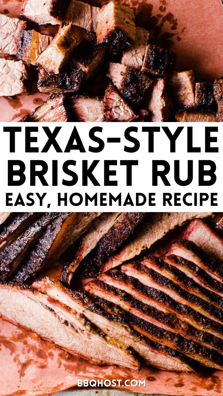 the texas style brisket rub recipe is shown on a cutting board with other meats