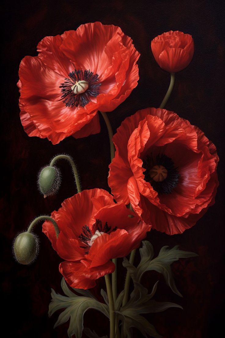 three red poppies in a vase on a black background with green stems and buds