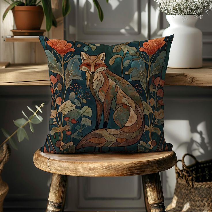 a pillow with a fox on it sitting on a chair next to a potted plant