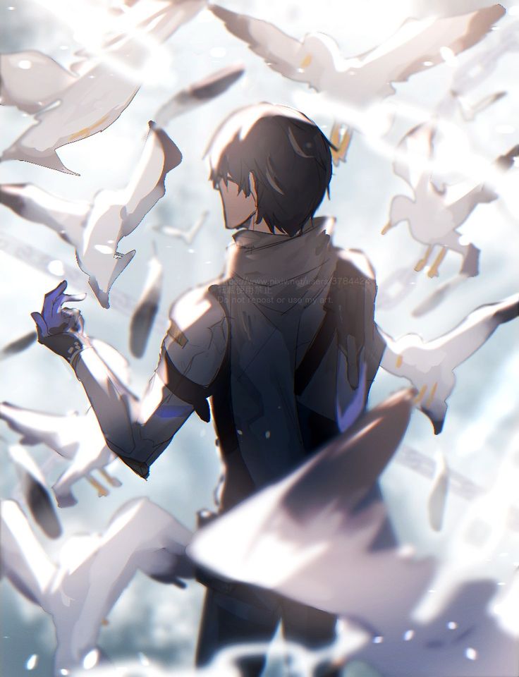 an anime character is surrounded by birds flying in the air and looking up at him