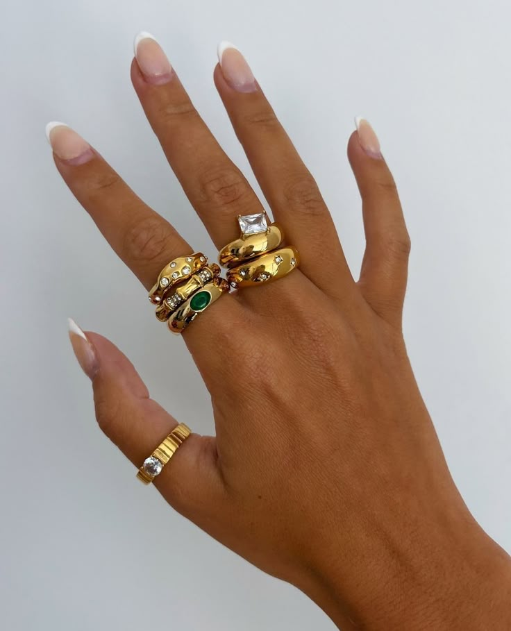 VASI Jewelry | Fine Jewelry (@vasi.jewelry) • Instagram photos and videos Emerald Band Ring, Chunky Gold Jewelry, Emerald Band, Green Stone Rings, Gold Statement Ring, Dome Ring, Ring Emerald, Chunky Jewelry, May Birthstone