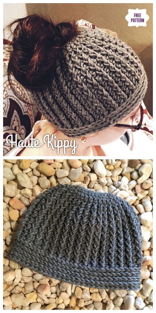 two pictures showing the same knitted beanie on top of each other, and one with