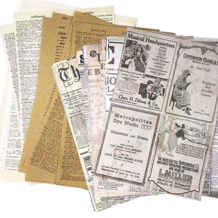 old newspapers are stacked on top of each other in different sizes and shapes,