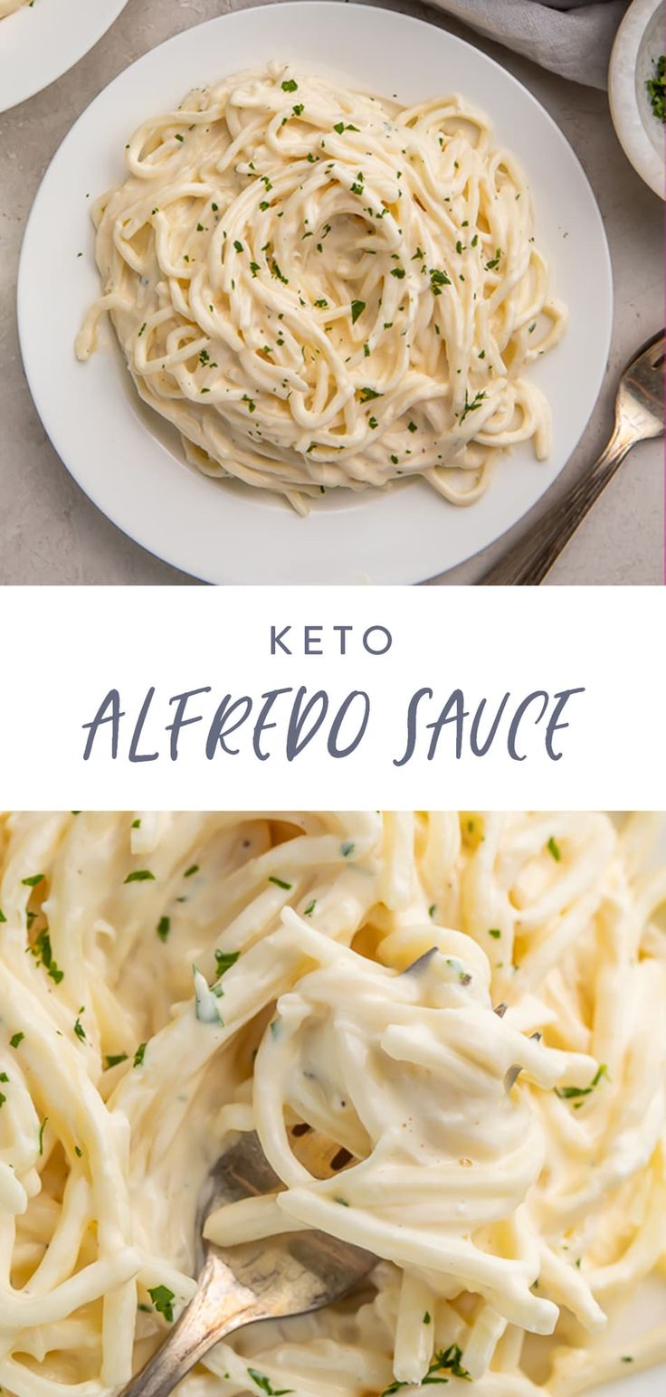 two pictures with different types of food on them and the words keto alfredo sauce