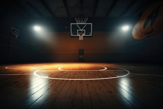 an empty basketball court with lights shining on it