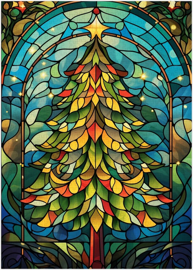 a stained glass window with a christmas tree on it