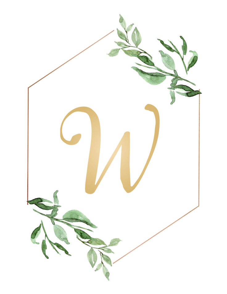 the letter u is surrounded by green leaves and gold foil on a white hexagonal frame