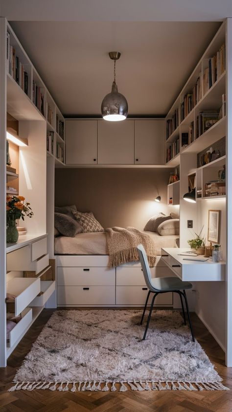 a bedroom with a bed, desk and bookshelf in it's corner