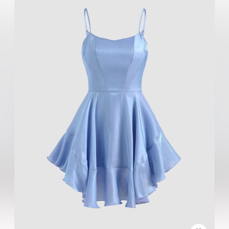 From Cider, Never Worn, Metallic Baby Blue Ruffle Mini Dress. It’s Size Xs And Has Zipper And Adjustable Straps. Also Has Shorts Underneath, Kind Of Feels Like A Romper When Wearing It. Light Blue Sleeveless Satin Mini Dress, Mini Ruffle Dress, School Dance Dresses, Cute Homecoming Dresses, Baby Blue Dresses, Prom Ideas, Prom Dress Inspiration, Aesthetic Things, Grad Dresses