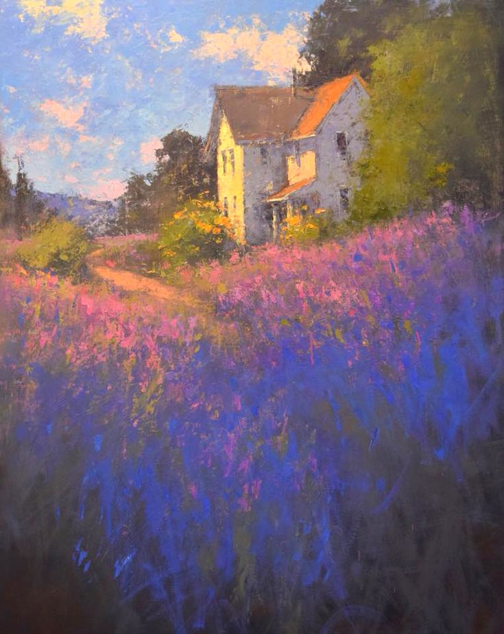 an oil painting of a house in the middle of a field with wildflowers