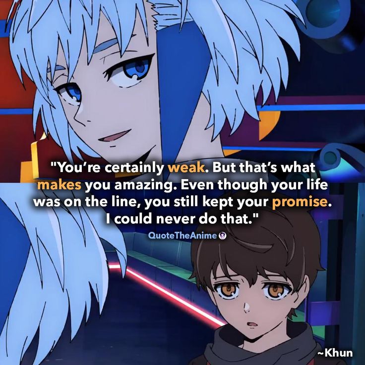 two anime characters, one with white hair and the other with blue eyes text reads you're certainly weak that's what makes you amazing even though your life was on the line