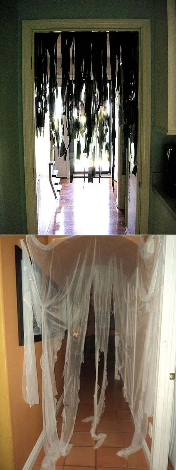 there are two pictures of the inside of a house, one is decorated with white sheer curtains