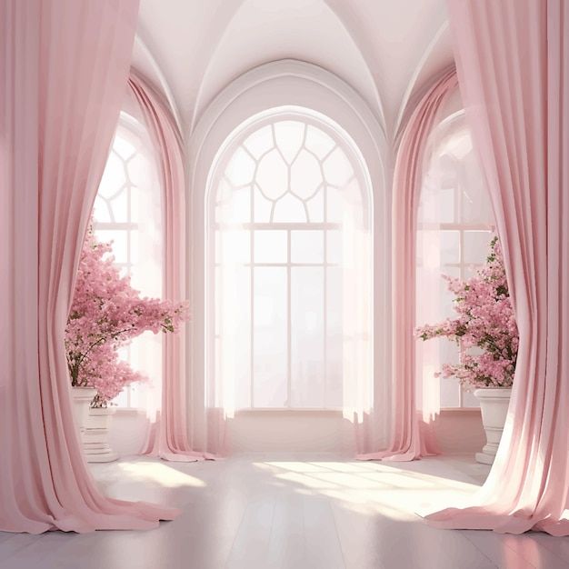 an empty room with pink drapes and flowers in vases on the windowsill