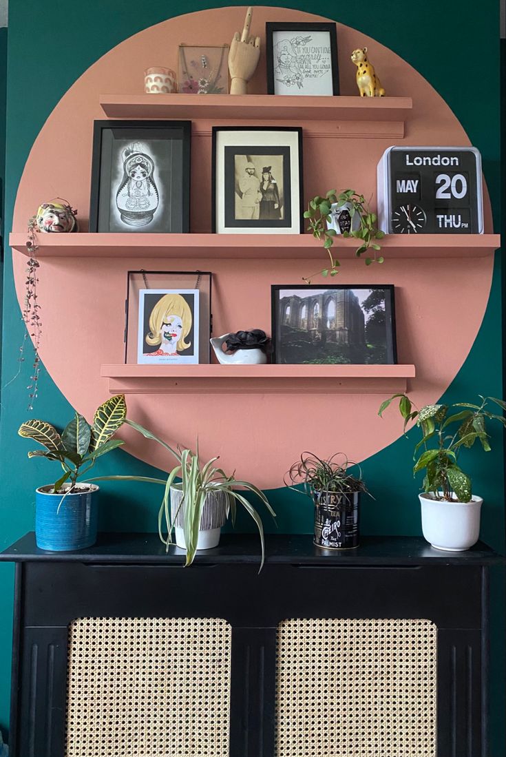 there is a shelf with pictures and plants on it