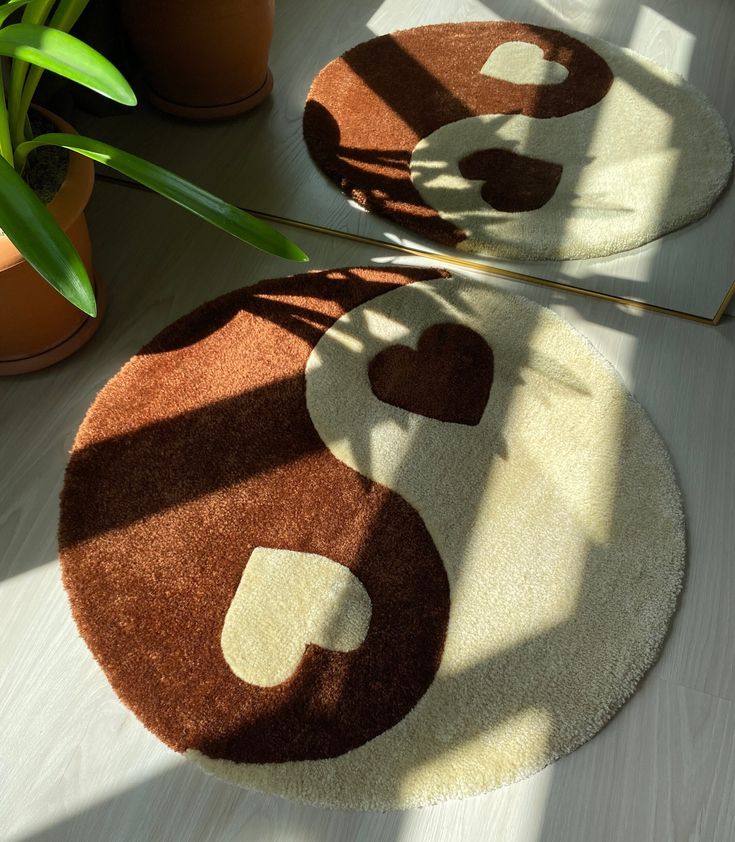 two brown and white rugs sitting on top of a wooden floor next to potted plants