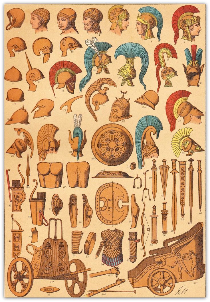 an image of various ancient items on a piece of paper, including helmets and other things