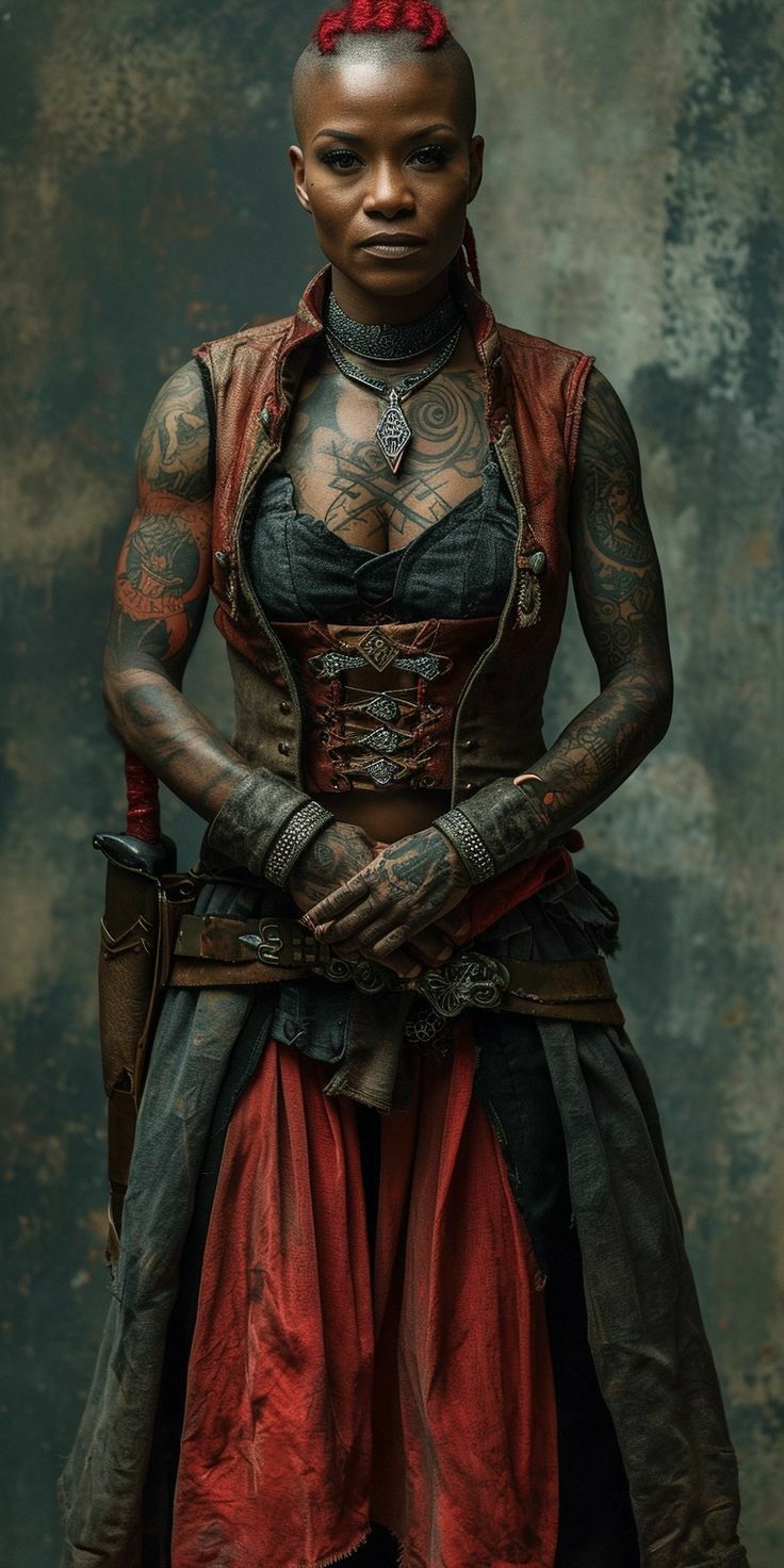 a woman with tattoos standing in front of a wall