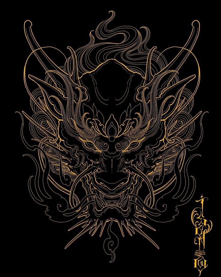 a drawing of a demon face on a black background with gold lines and swirls