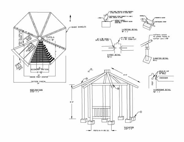 an architectural drawing of a gazebo and other details for the structure, including measurements