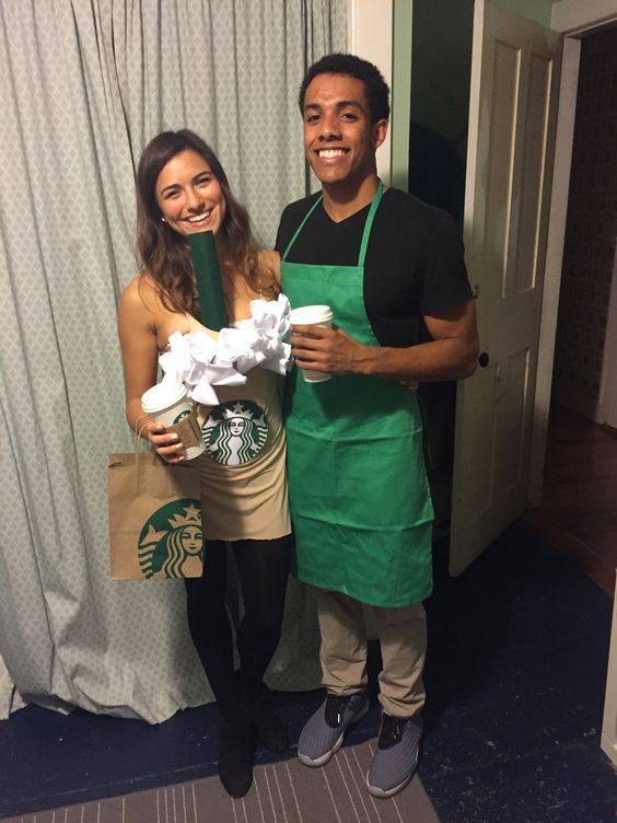 a man and woman dressed up as starbucks employees