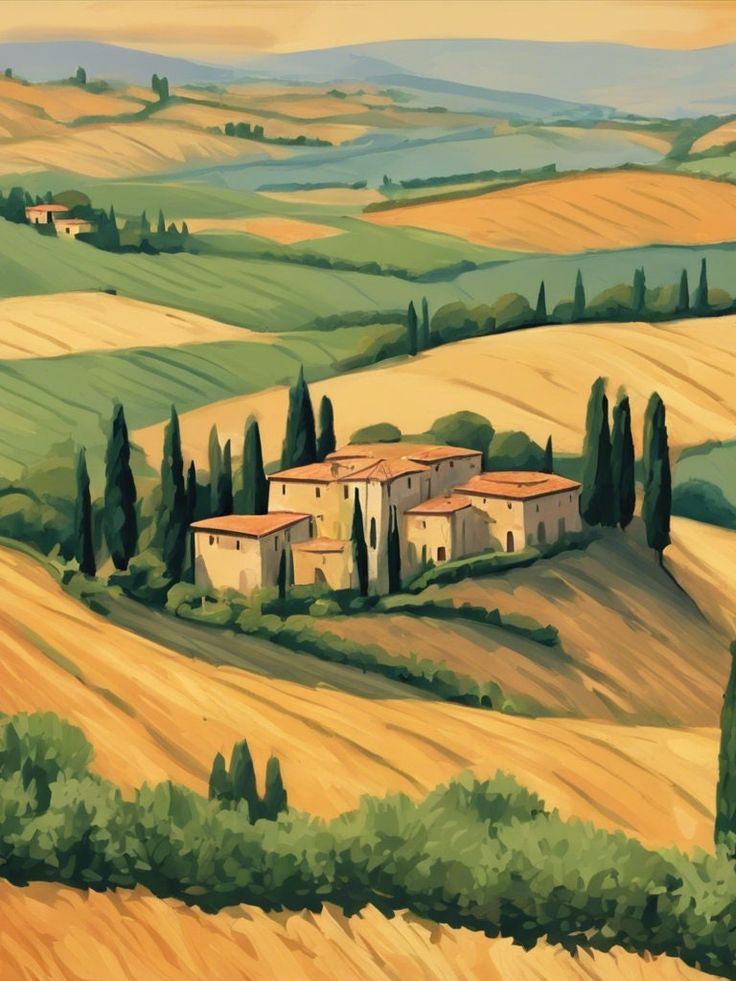 a painting of an italian countryside with trees and hills in the foreground, on a sunny day