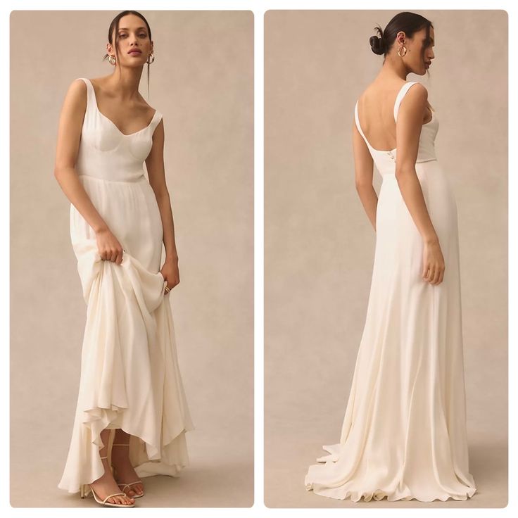 two pictures of a woman in a white dress and one is wearing an open back gown