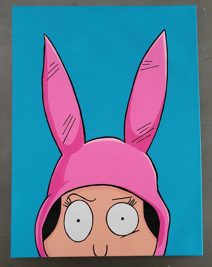 a painting of a cartoon character wearing a pink bunny ears hat on a blue background