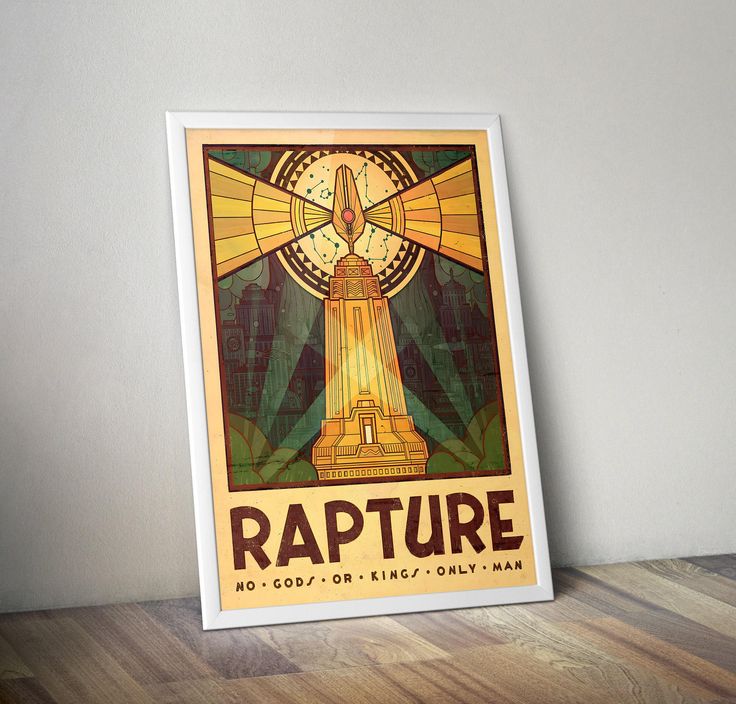 a poster with the words rapture on it sitting on a wooden floor in front of a white wall