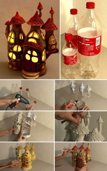 there are many pictures of different things made out of plastic bottles