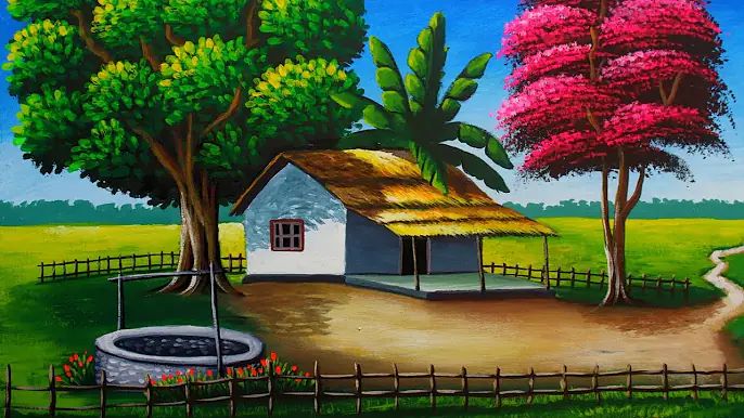 a painting of a house in the middle of a field with trees and a fire hydrant