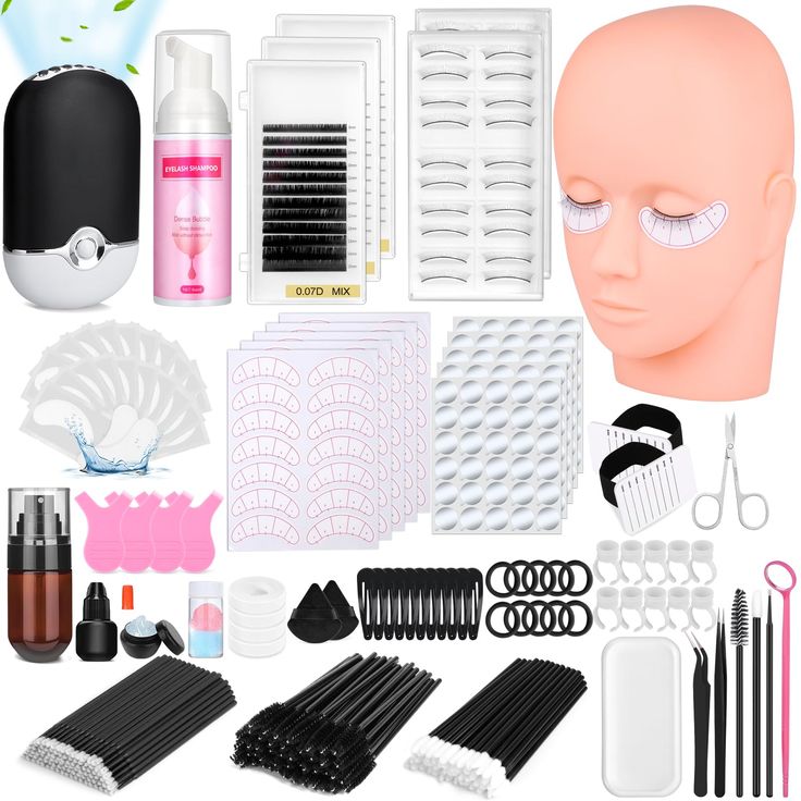 PRICES MAY VARY. A Good Kit Include Everything - This lash extension kit with 484 pcs Eyelash Extension supplies provides everything you need to start practicing eyelash extension skills. It comes with model head, lash fan, false eyelashes, lash holder, tweezers, eyelash gel patch, glue remover, lash tape, silicone pad, scissors, under eye gel patches, lash positioning stickers, lash shampoo, Y shaped eyelash brush, powder puff, glue stickers and glue rings. Enough Lash Extension Supplies Kit - Lash Kit Eyelash Extensions, Lash Extensions Products, Eyelash Gel, Lash Tech Supplies, Lash Extensions Kit, Lash Fan, Lash Extension Glue, Small Lashes, Eyelash Extension Training