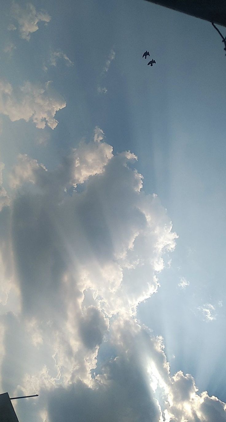 the sky is filled with clouds and some birds flying in it's flight position