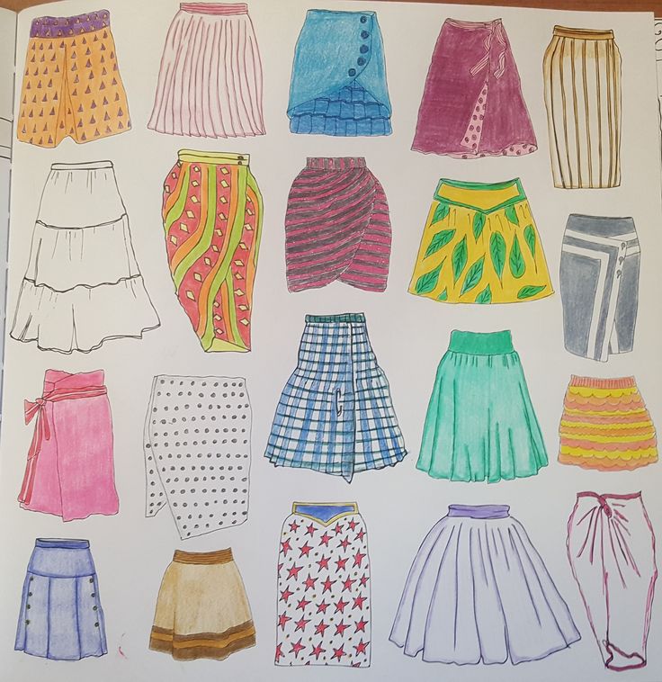 an open book with drawings of different types of skirts and shorts on the pages, all drawn in colored pencils