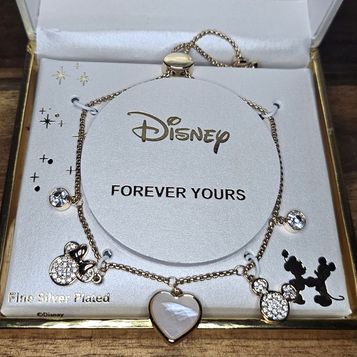 Adjustable Bracelet Up To 8" Adjustable Disney Style Bracelets, Silver Disney Bracelet As Gift, Silver Disney Bracelet For Gift, Silver Disney Charm Bracelet As A Gift, Silver Disney Charm Bracelet Gift, Disney Minnie Mouse Jewelry, Disney Charm Bracelet, Disney Gold, Disney Jewelry