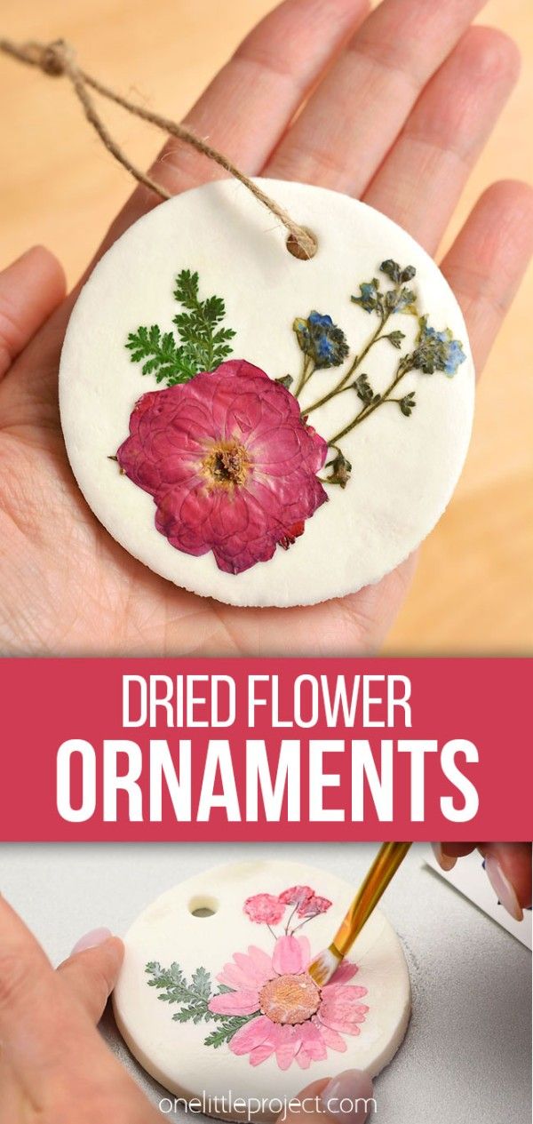 a hand holding a flower ornament with the words dried flower ornaments on it