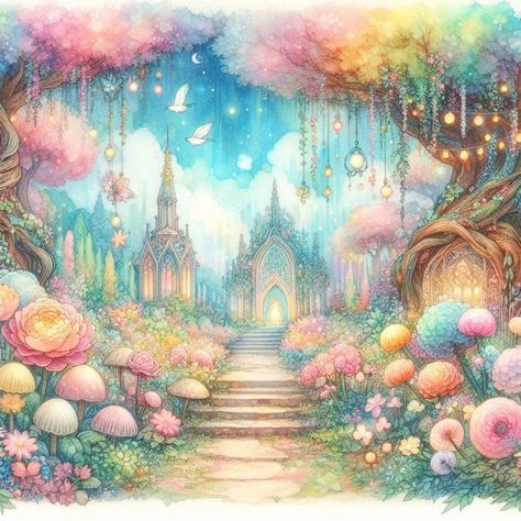 a painting of a garden with lots of flowers and fairy lights hanging from the trees