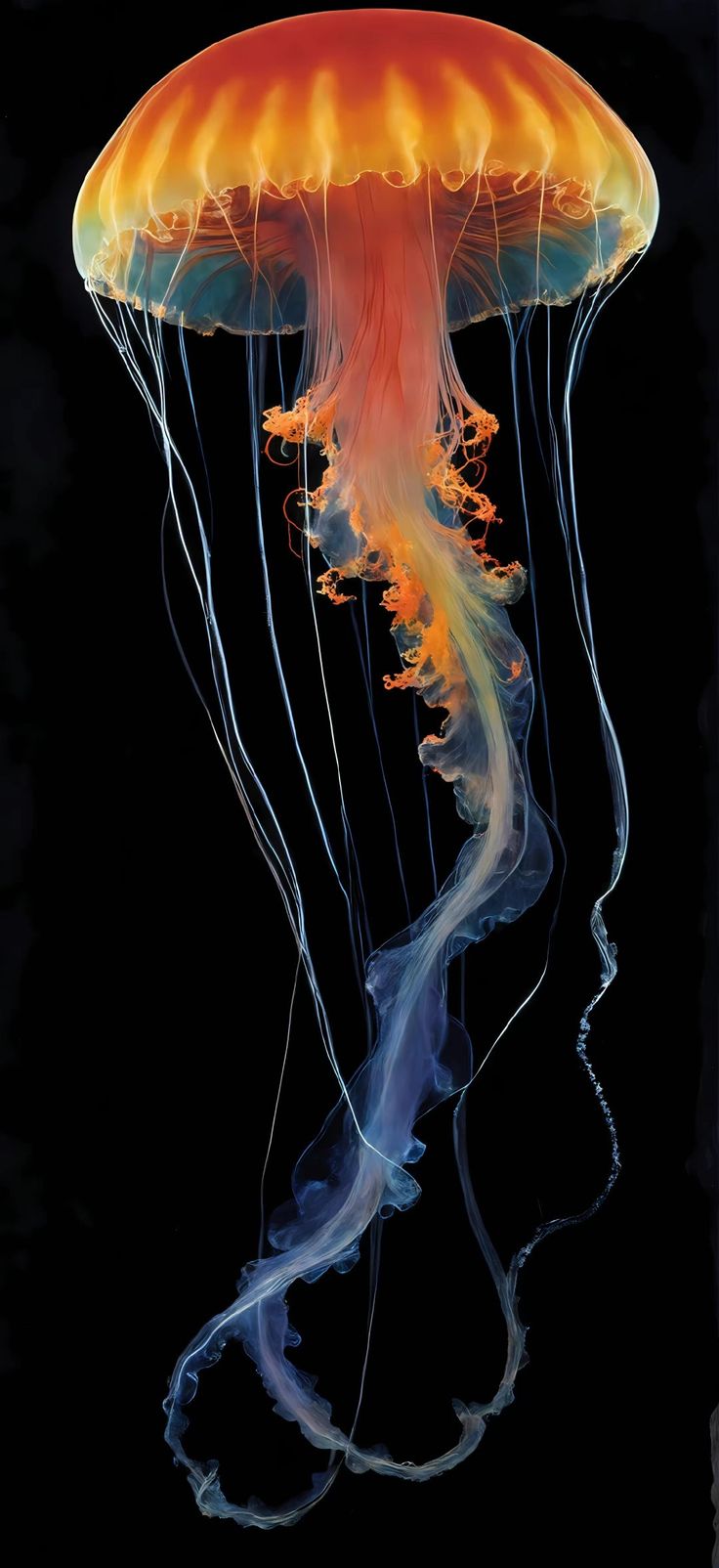 an orange and blue jellyfish floating in the water