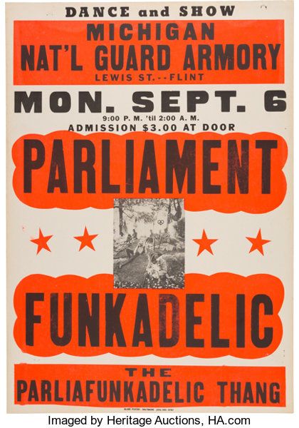 an old concert poster for the punk band's upcoming show, parliamentiadelic