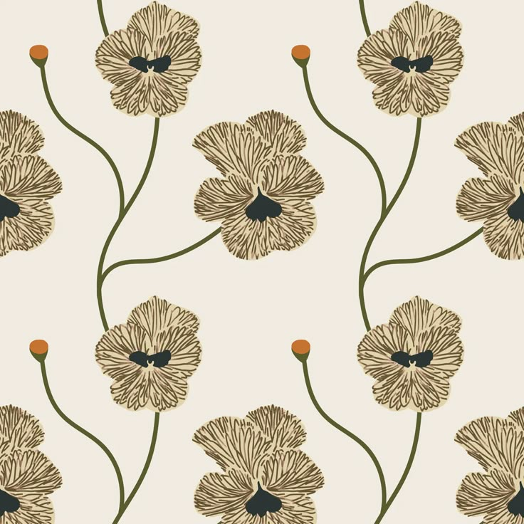 an image of a flower pattern on a white wallpaper with brown and black flowers